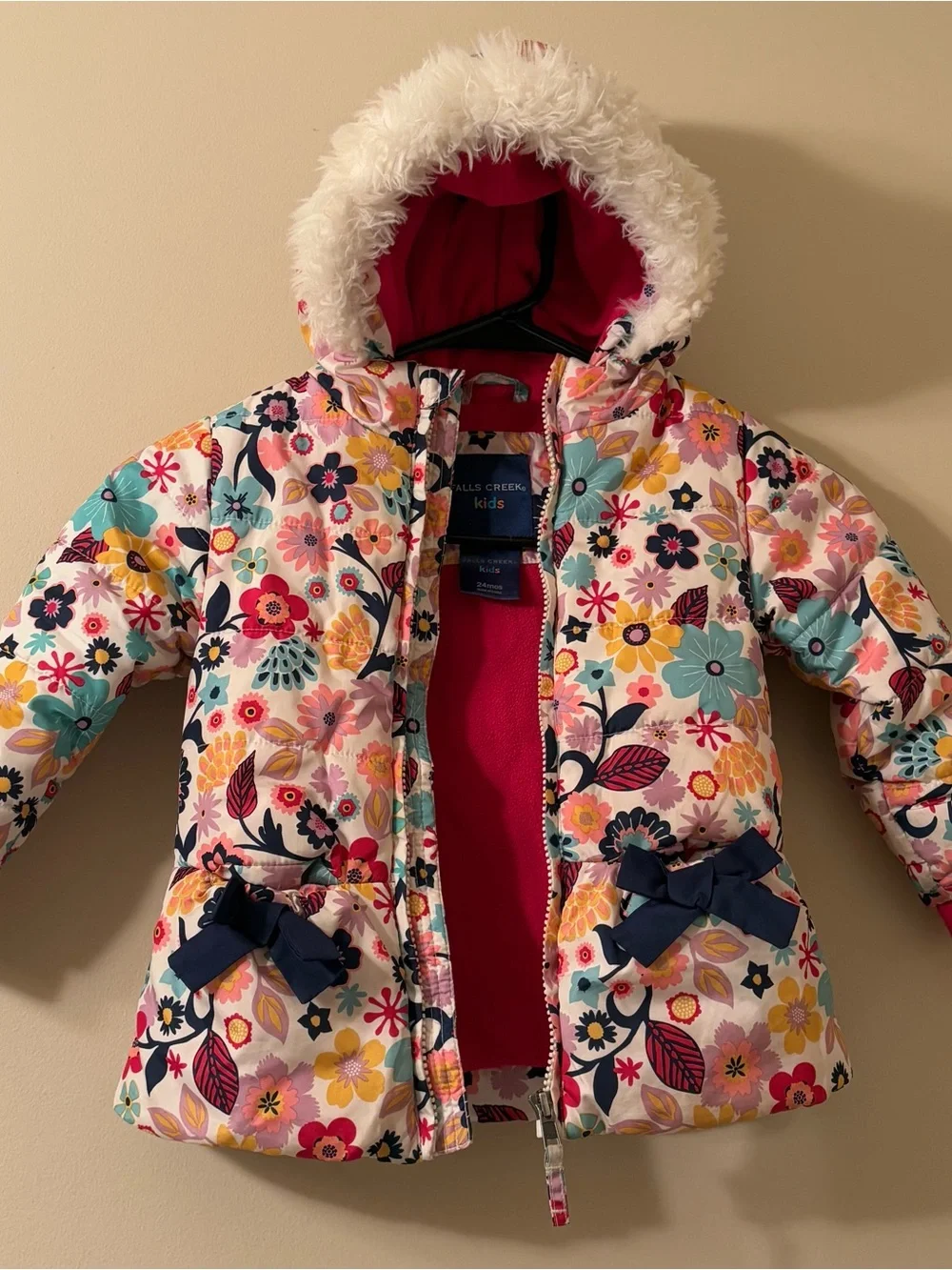 Girls Puffer Hooded Coat with Pink Floral Print Size 24M / 2T